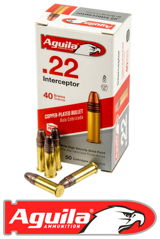 .22 LR Aguila 40gr Interceptor High Velocity, Copper-Plated Solid Point