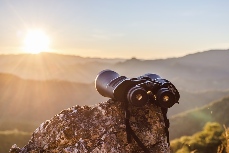 A pair of binoculars on a rock